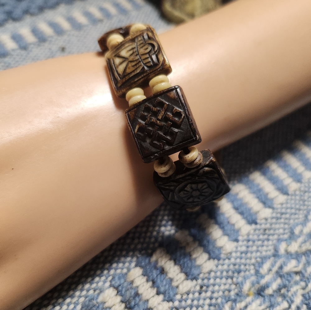 Vintage Carved Bone Brown Stained Elastic Bracelet Tribal Animal Floral Designs